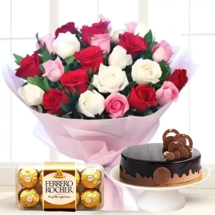 flowers-bouquet-ferrero-chocolates-and-cake