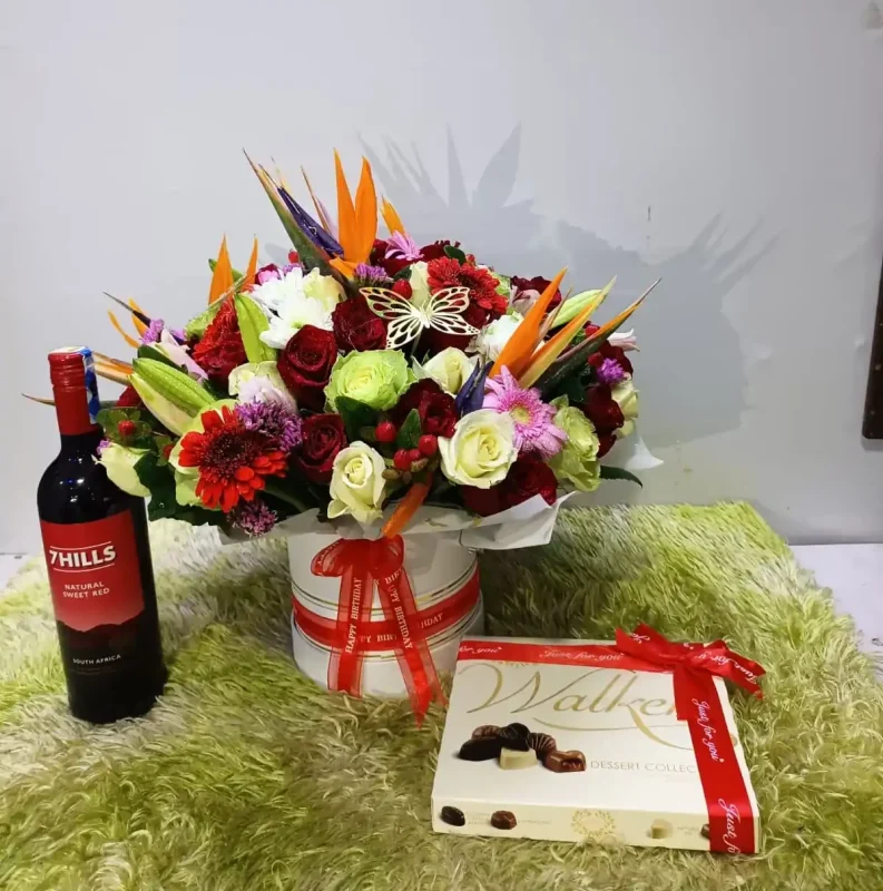 flowers-in-a-vase-red-wine-and-walkers-chocolates