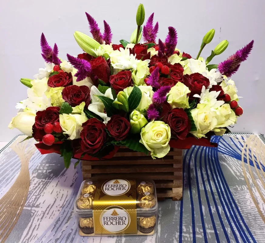 loyal-wooden-box-bouquet-and-ferrero-chocolates